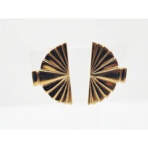 Vintage KARL LAGERFELD Art Deco FAN Clip-on Earrings Gold Tone
